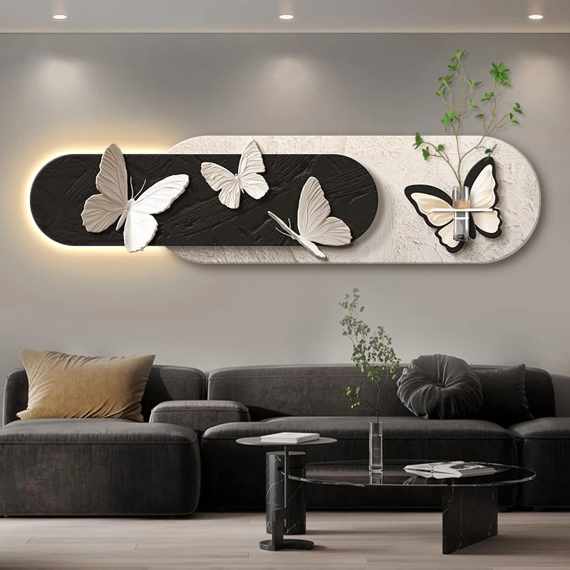 2025新款客厅装饰画简约现代蝴蝶沙发背景墙挂画水培绿植砂岩壁画