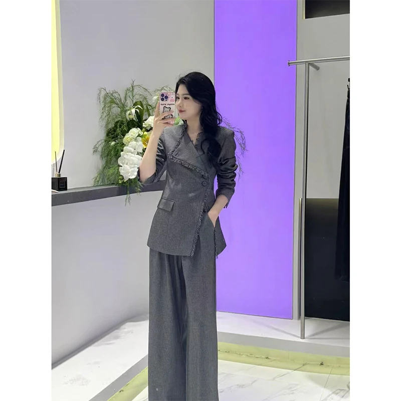 早秋新款大码女装御姐风西装套装女胖mm设计感阔腿裤两件套25113