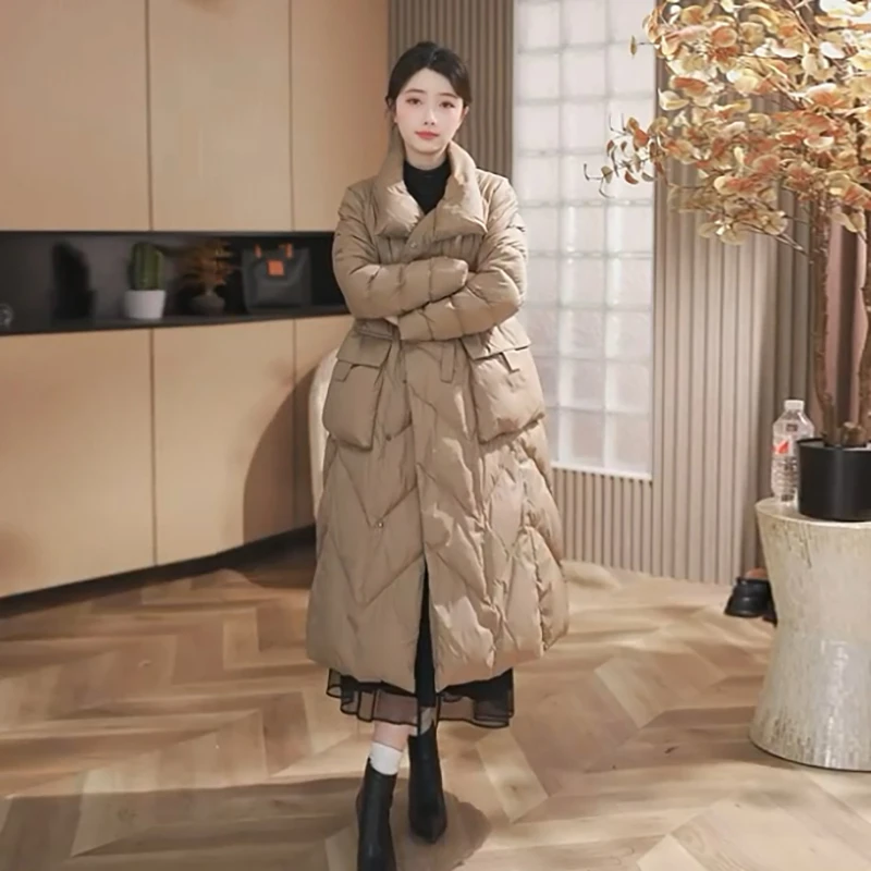 韩版冬季新款立领女复古简约长款纯色过膝白鸭绒羽绒服外套气质