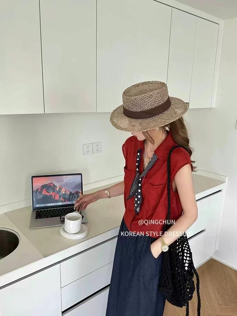 新款韩版宽松显瘦翻领无袖衬衫搭配丝巾时尚百搭上衣