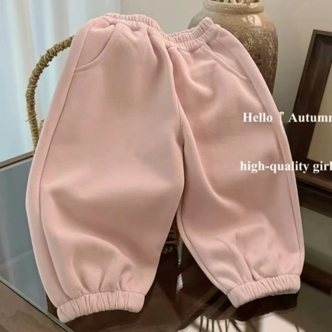 艾俊萱童装2024年粉色纯色简约春秋款卫裤LS