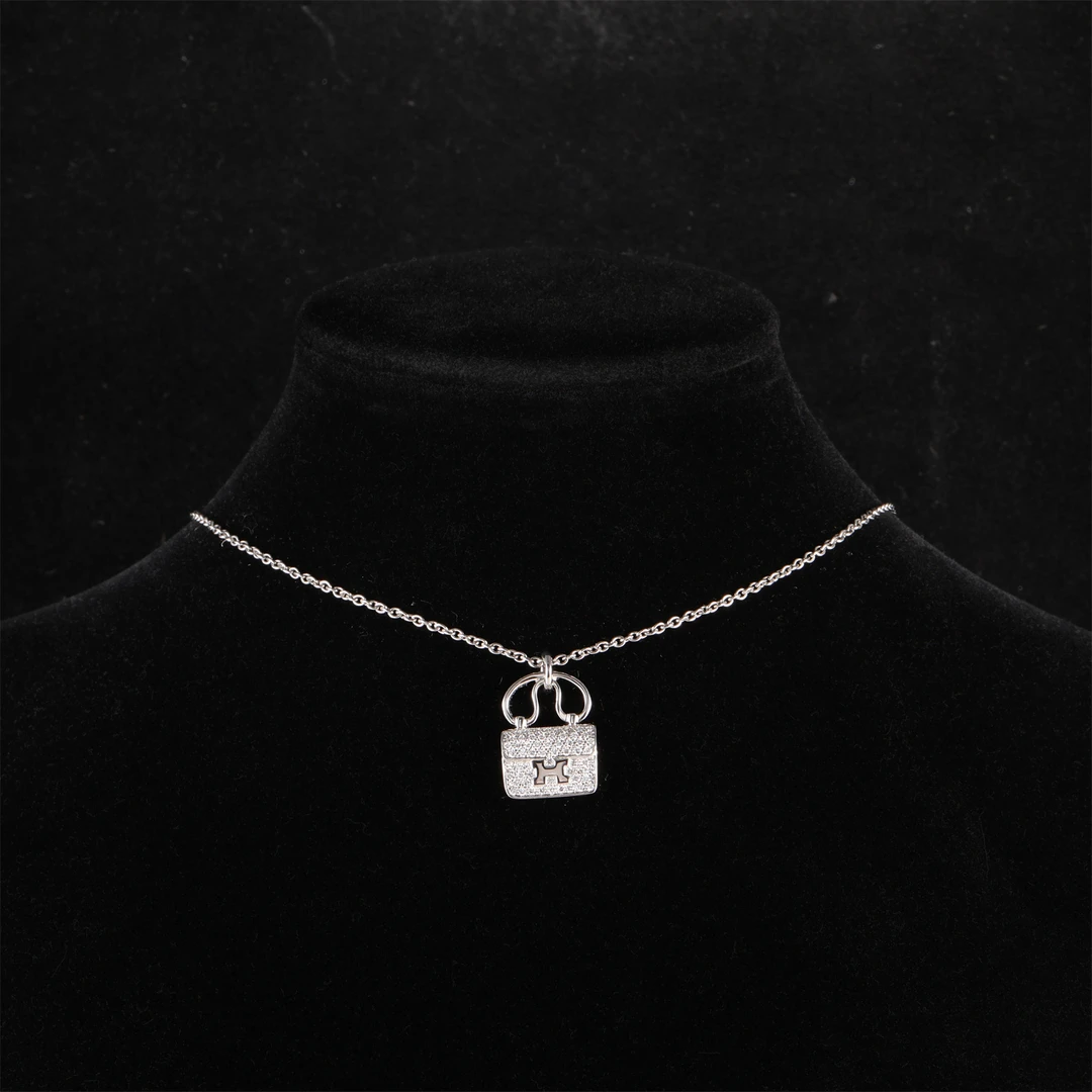 99新 Hermes/爱马仕 小花双双 康康 项链 满钻 老扣 18K白金/钻石