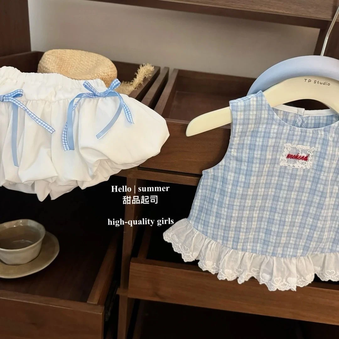 Budbebe女童夏季套装新款洋气儿童格子背心宝宝两件套短裤公主风