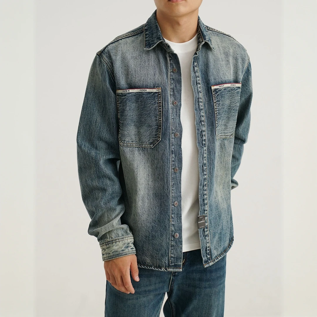 美式复古重磅工装牛仔衬衫外套叠穿内搭男士长袖春秋外贸男装衬衣