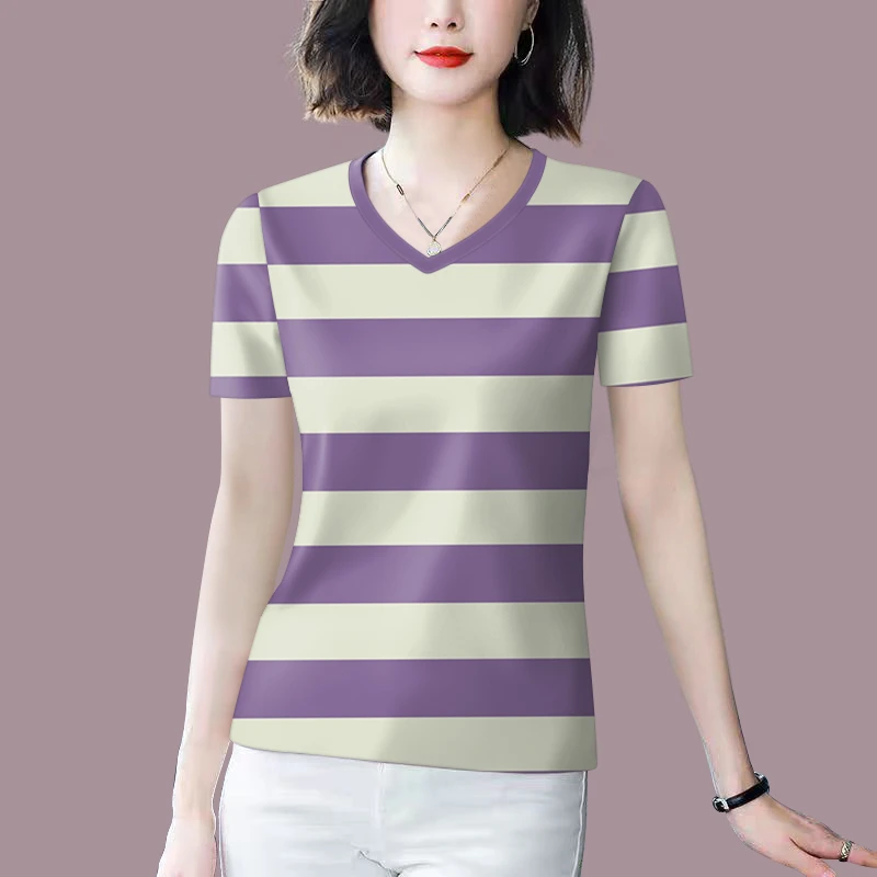 好品捡漏~夏季新款条纹短袖t恤女宽松遮肚显瘦圆领打底女士上衣