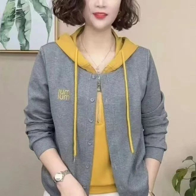洋气时尚百搭常规连帽长袖T恤春秋装拼接秋季显瘦假两件拉链上衣