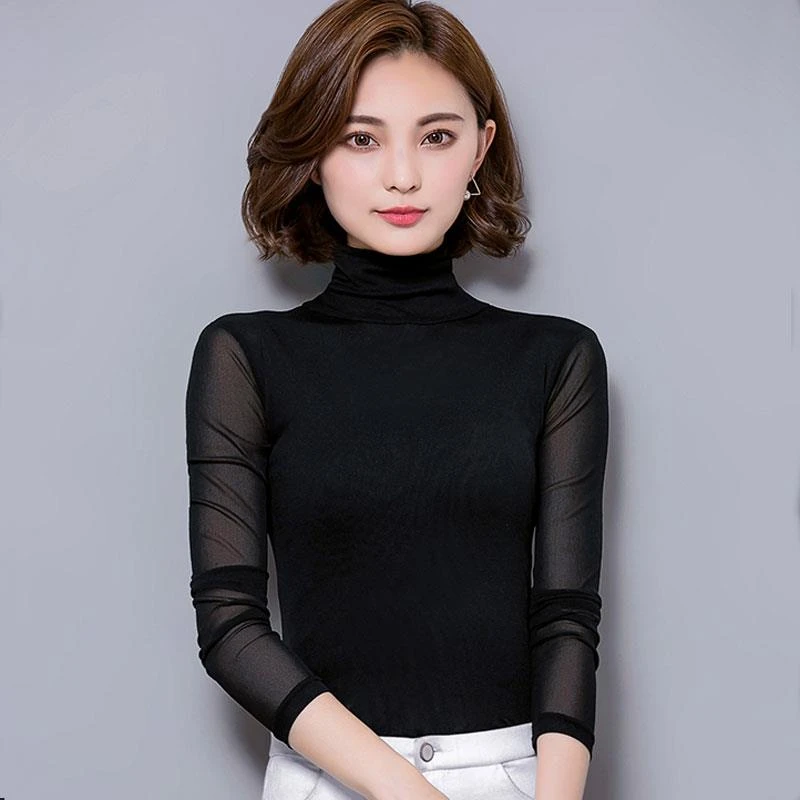 GPTSu春装新款高领打底衫网纱长袖t恤女内搭大码薄款蕾丝黑色上衣