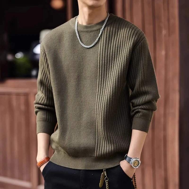 GORNER SG/格纳轻奢扭花拼接圆领毛衣男秋冬宽松保暖长袖针织衫