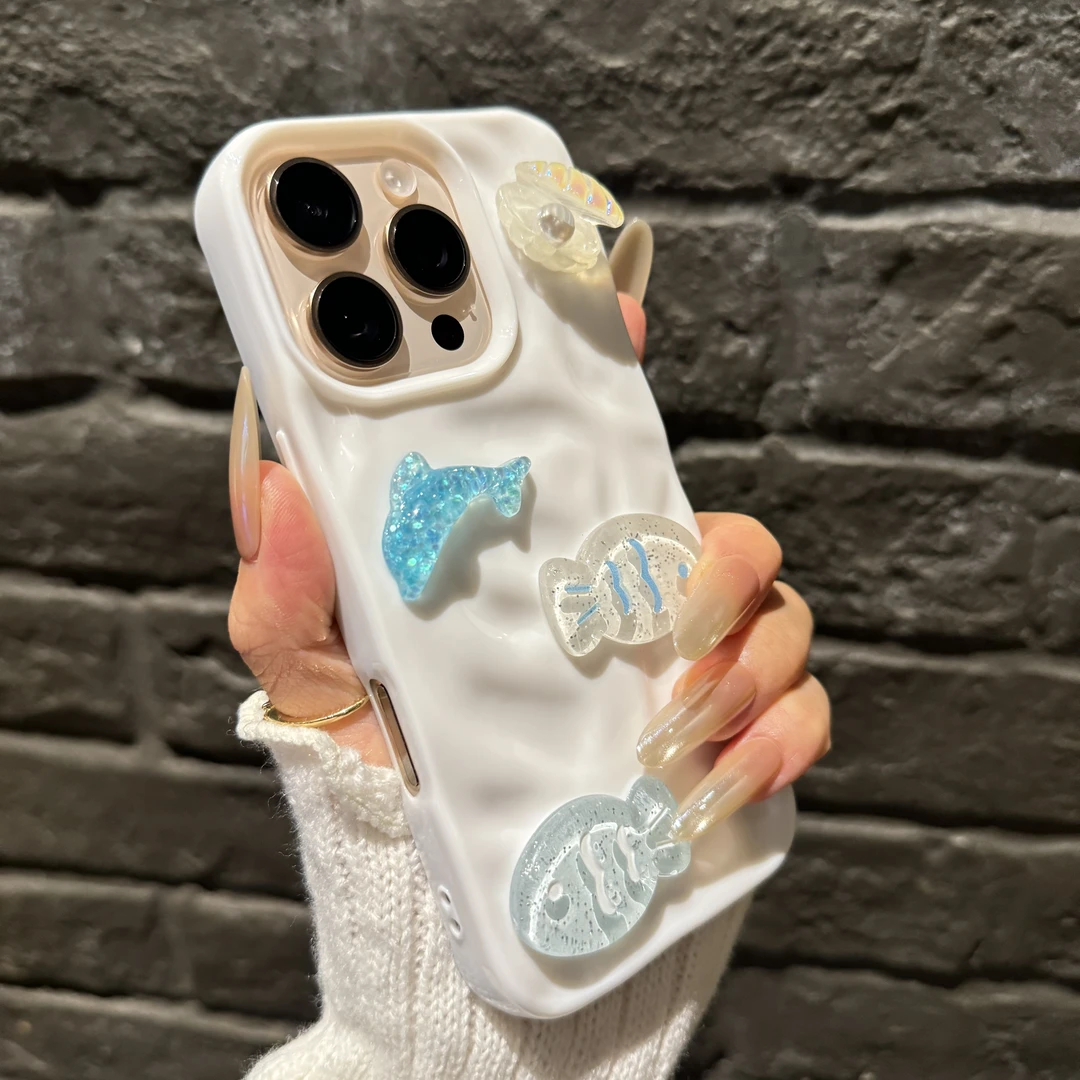 陨石纹立体贝壳小鱼适用苹果16promax手机壳iPhone15软壳14个性13