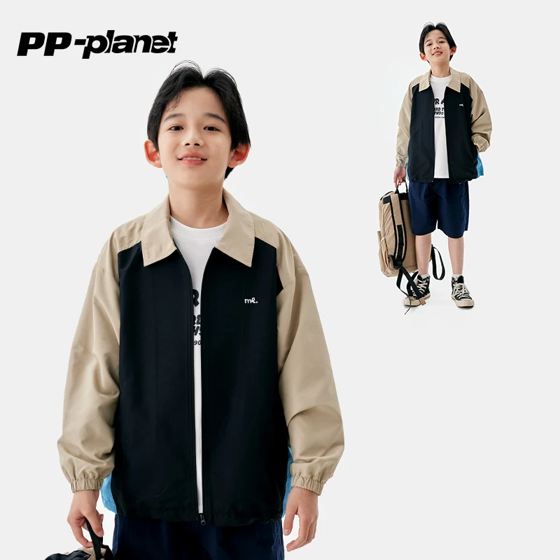 PP星球儿童时髦配色巴恩风夹克衫男中大童2025春秋新款方领外套