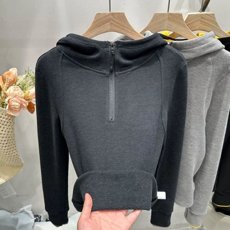 拼色连帽半拉链双面德绒卫衣女秋冬宽松显瘦休闲百搭长袖上衣女潮