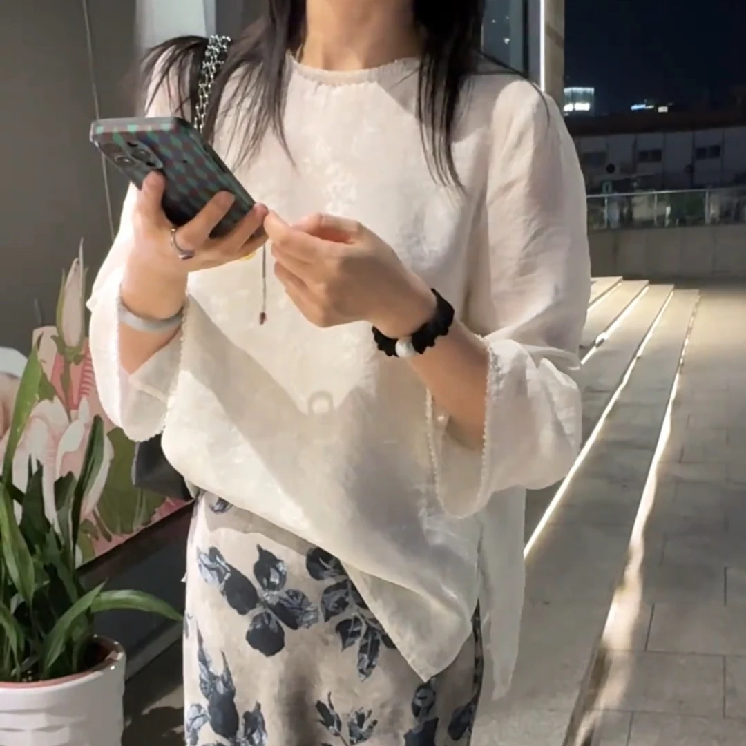 国风极简风珠子网纱长袖时尚宽松百搭上衣(6160）