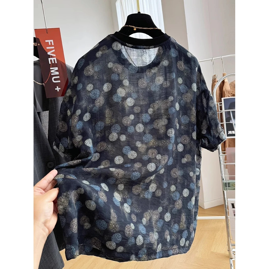 【胖妹妹】大码女装设计感撞色波点雪纺衫夏季宽松显瘦薄款上衣服潮