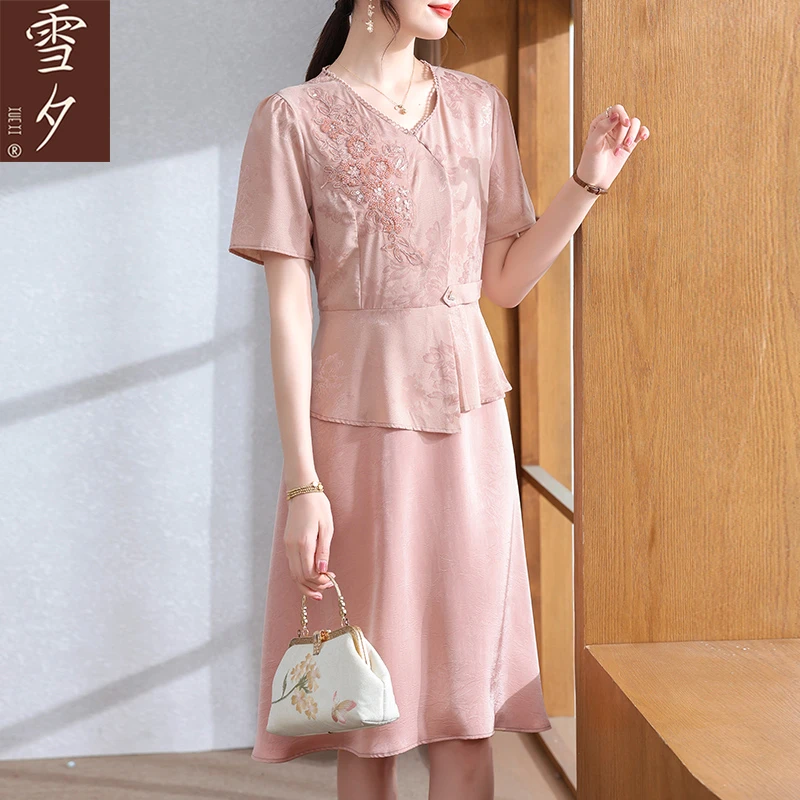 妈妈洋气雪纺连衣裙中年女夏装小个子中老年夏季气质减龄大码裙子