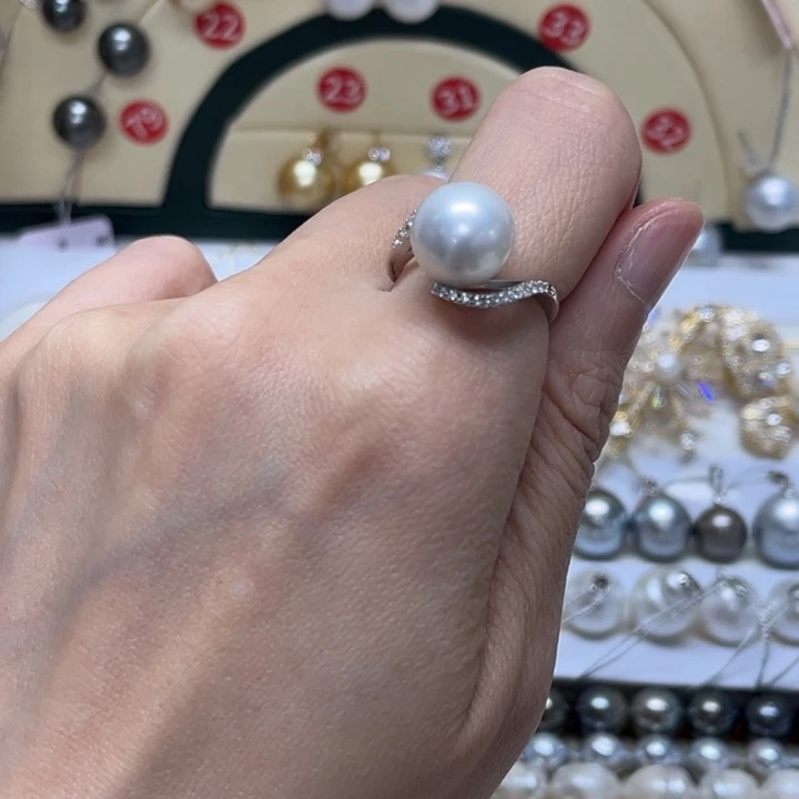 银S925镶嵌海水珍珠戒指11-12mm 64号
