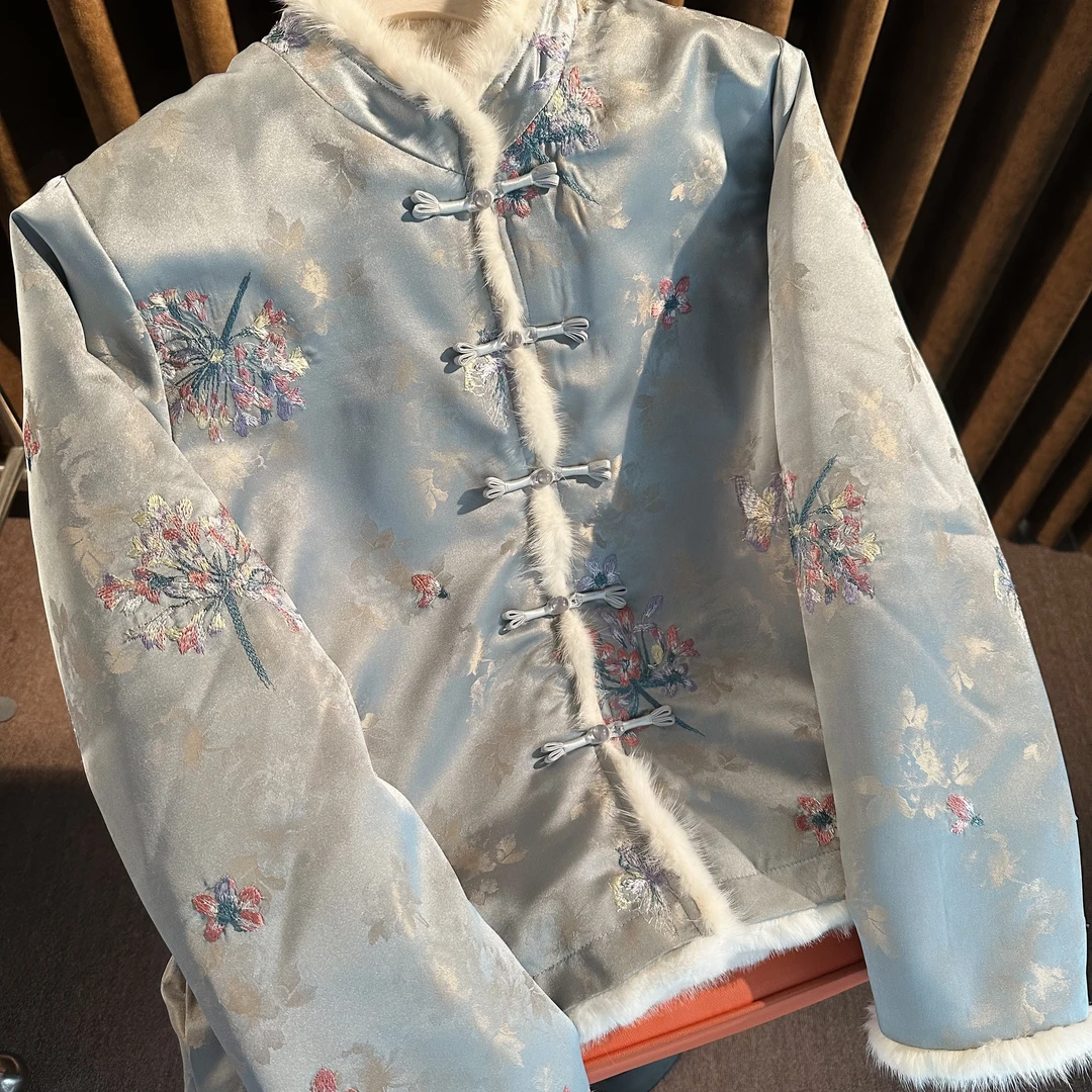 【泸沽雪】冬季新中式国风水貂毛双面双穿加绒加厚立领女装外套