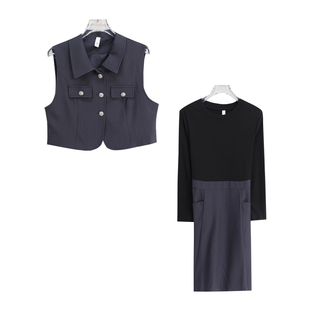 复古高级感纯色马甲圆领套头拼接连衣裙套装S4564