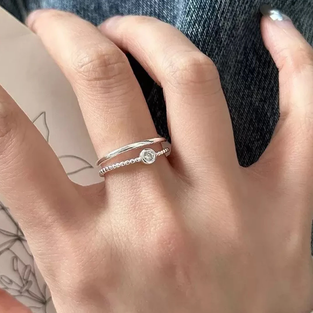 925银锆石戒指 通体925纯银【双层圆钻】开口
