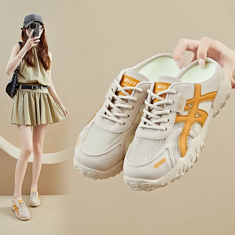 ins韩版新款半托女鞋2025夏季软底网面透气轻便百搭增高休闲鞋R15