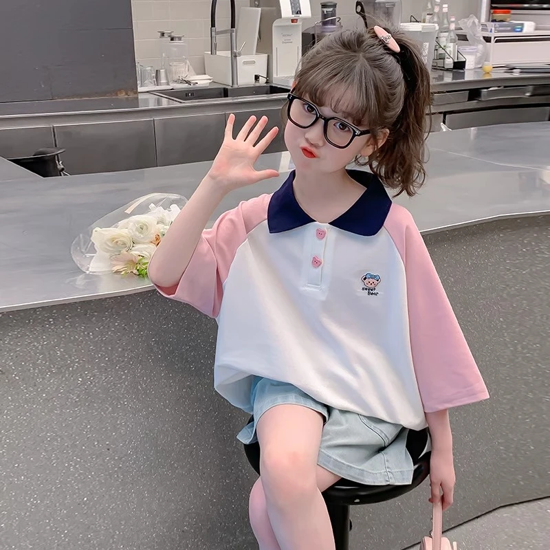 女童短袖t恤夏季2025新款儿童洋气polo衫上衣中大童夏装体恤半袖