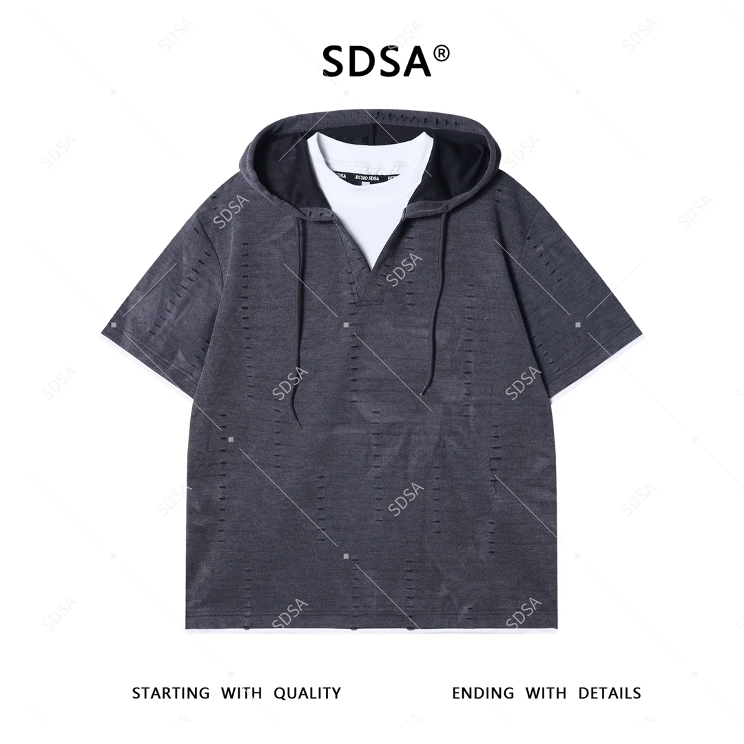 夏季高级感新款男士美式撞色割破连帽短袖T恤百搭时尚假两件上衣