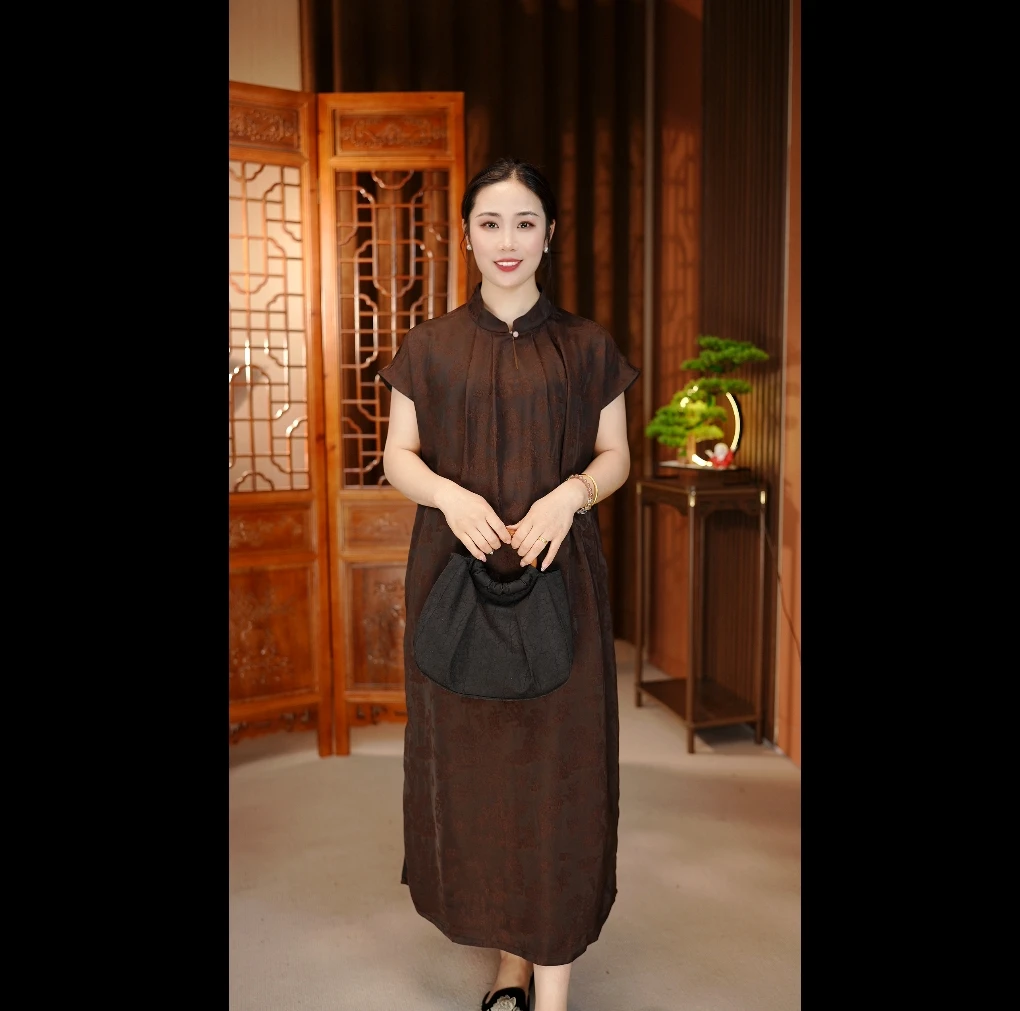 【檀影悠然】桑蚕丝香云纱圆领高品质连衣裙
