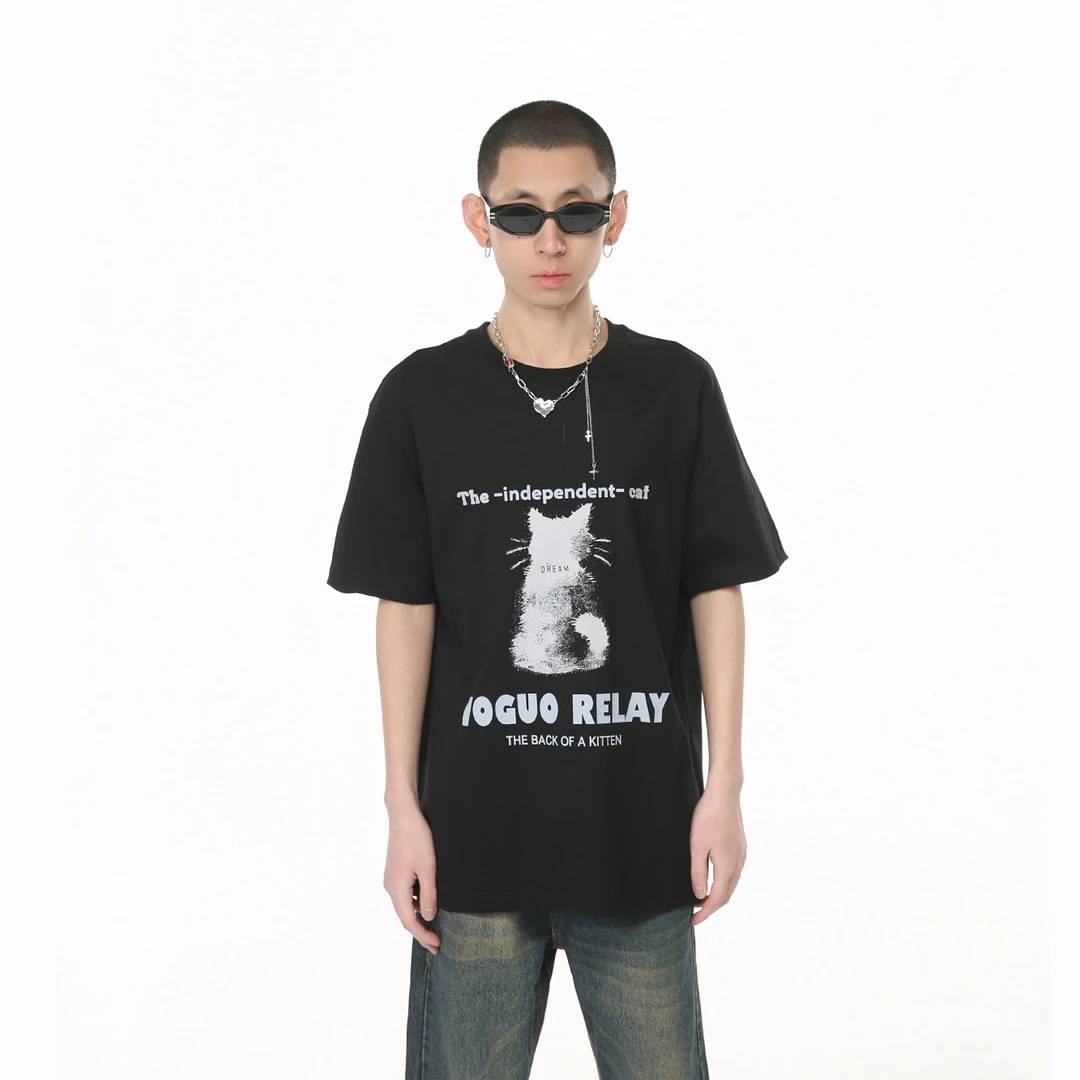 Voguo Relay原创卡通猫咪印花黑色T恤情侣装宽松短袖圆领T恤