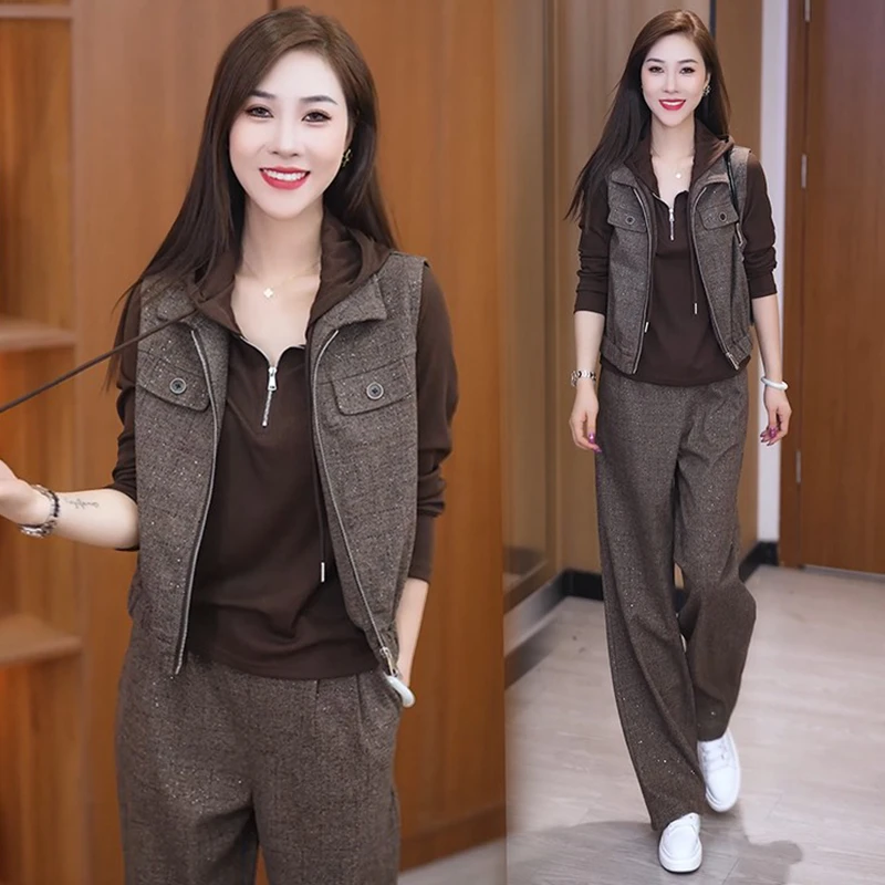 休闲运动服套装女2025春秋新款时尚减龄连帽卫衣马甲阔腿裤三件套