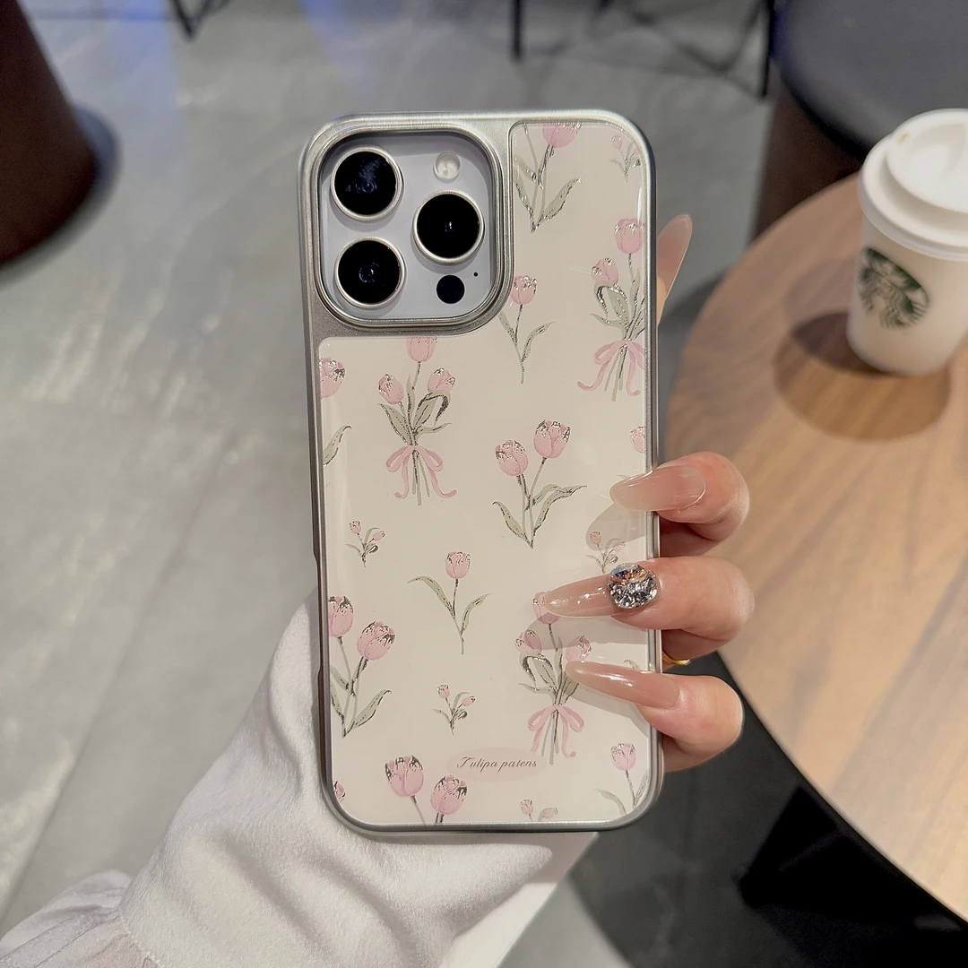 小清新鎏金温柔粉郁金香适用iPhone16手机壳15pm新款14小众13pro