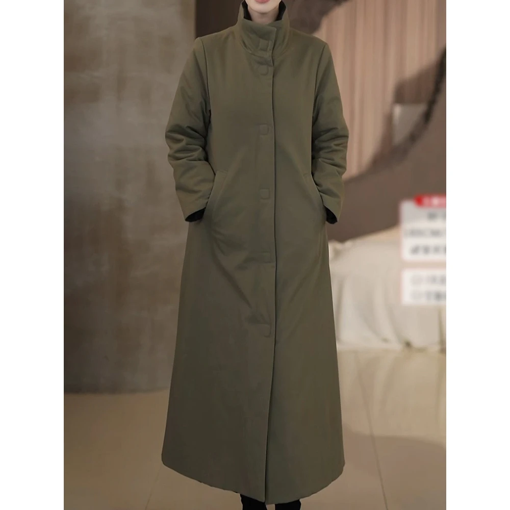 高档时尚简约纯色长款棉服女2025冬季新款洋气百搭加厚保暖外套