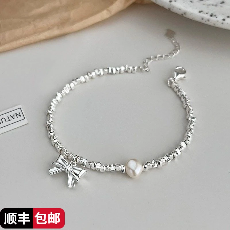 足银手链 在逃公主大蝴蝶结手链女ins小众设计9999银小石头手饰