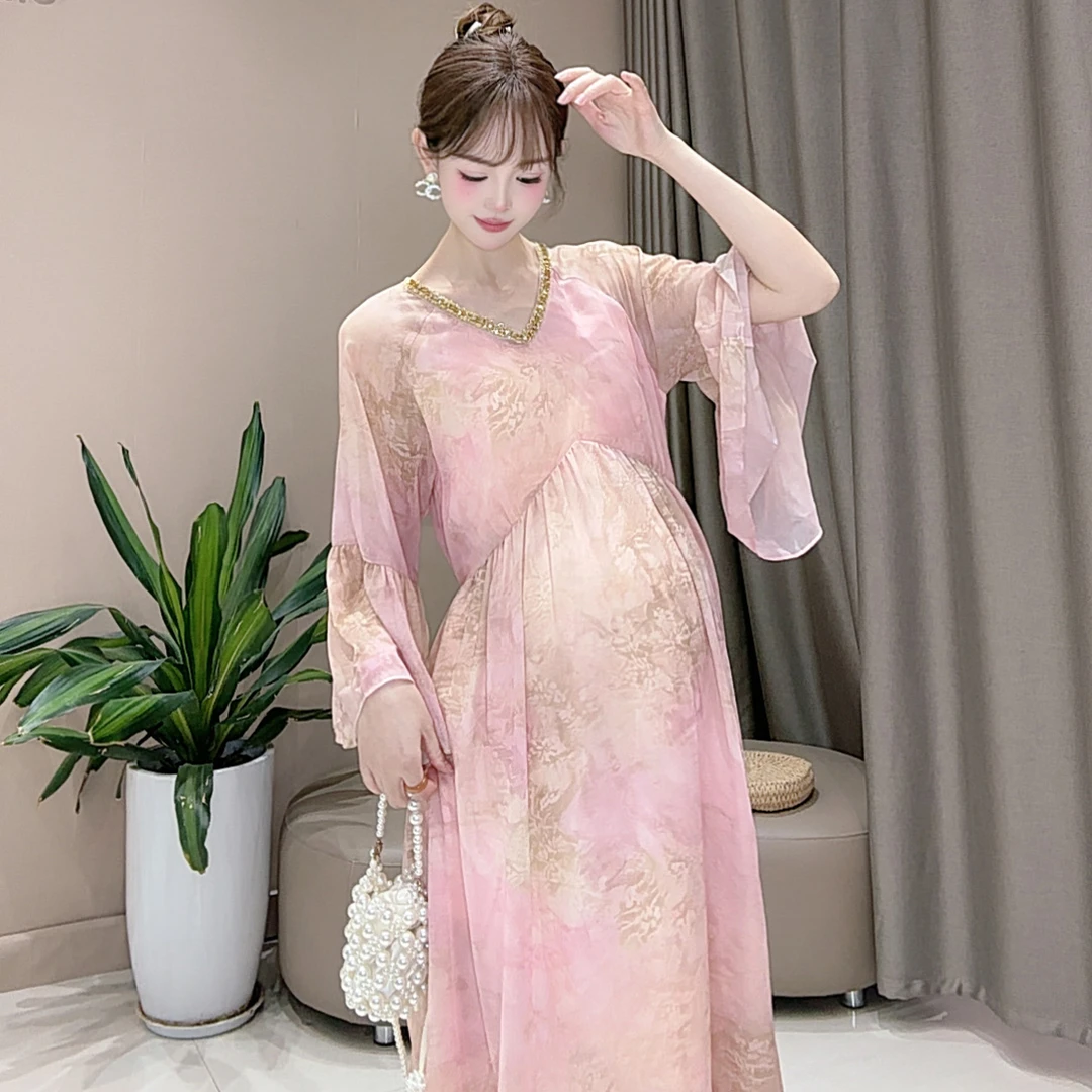 【半生韶华】孕妇装夏季新款重工钉珠显摆温柔仙女风度假孕妈连衣裙