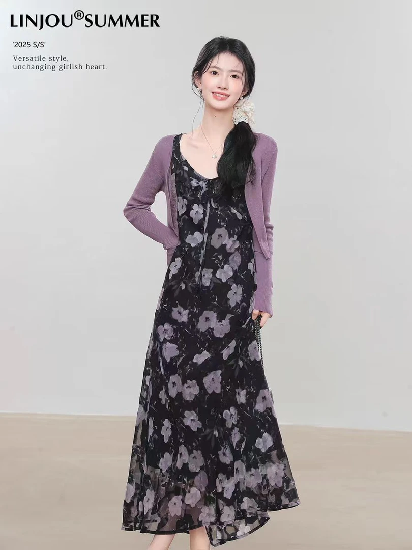 【F3975】2025新款收腰中长裙子今年流行爆款印花吊带连衣裙两件套