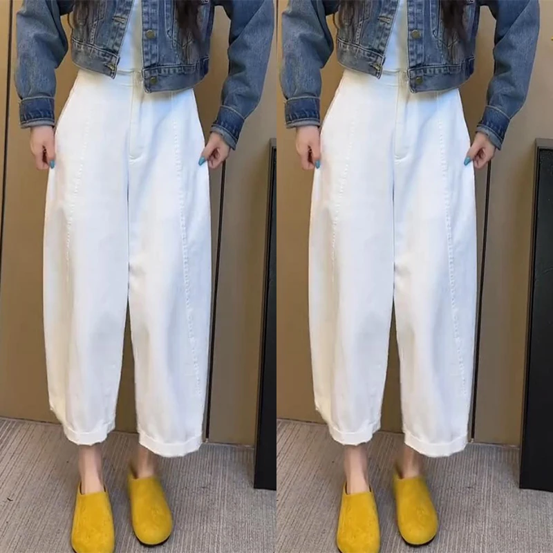 2025新款大码梨形白色简约弯刀休闲裤春夏季高腰显瘦九分阔腿裤子