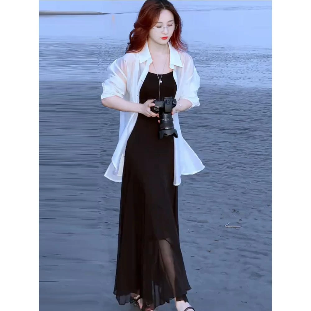 时尚连衣裙女夏季新款洋气质显瘦衬衫搭配吊带裙纱裙两件套裙