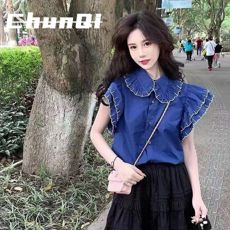 淳启法式泡泡袖雪纺衫女娃娃领别致漂亮甜美轻奢百搭蕾丝钩花上衣