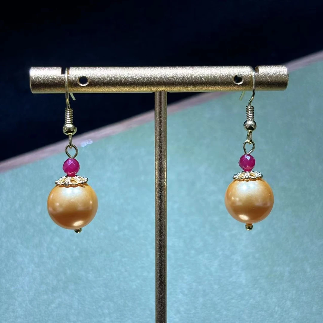 【符老板】y2067-轻奢设计款香槟金圆珠珍珠耳坠-赠链-赠礼盒