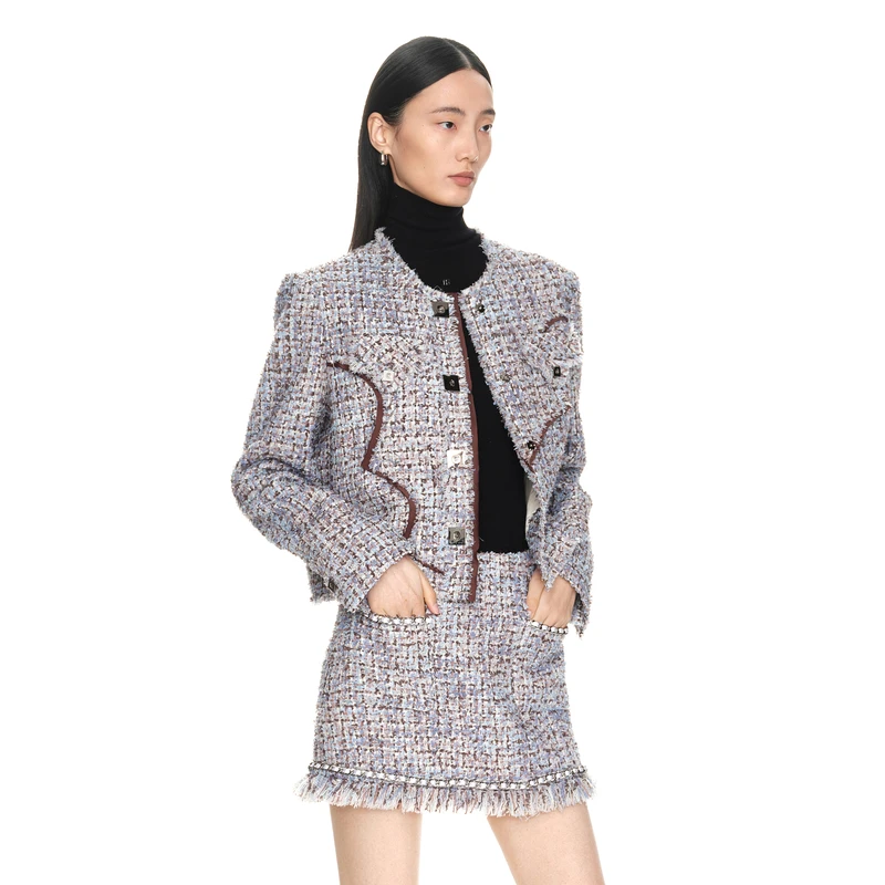 H·GENTEEL荷高23新冬女蓝白粗花呢不规则拼片外套GUD42520507-2