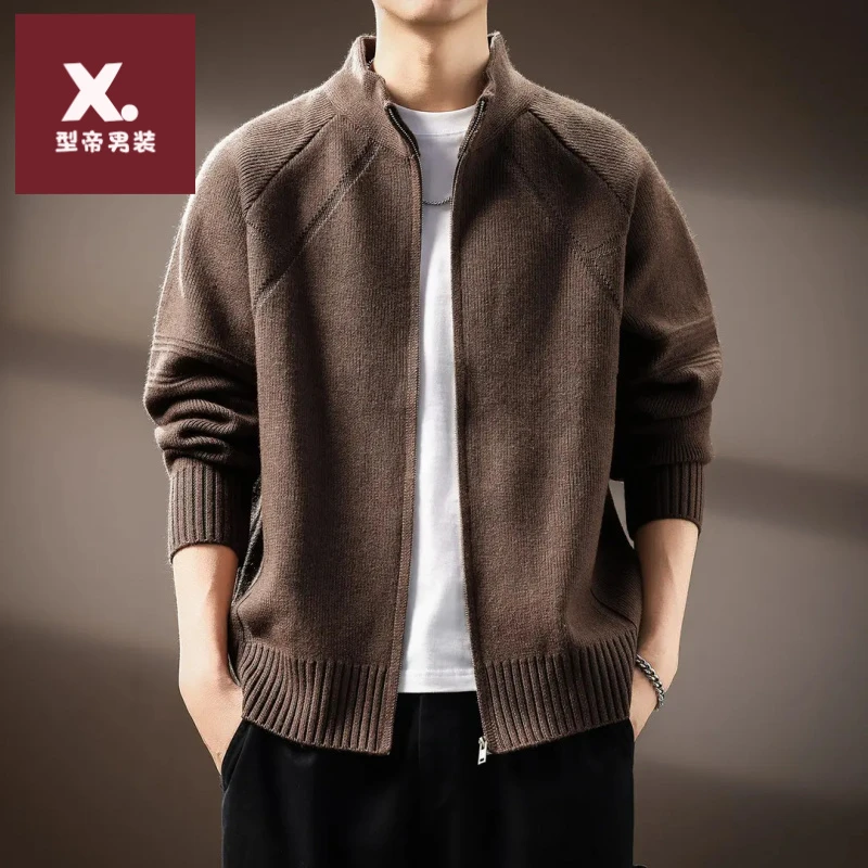 高端930g重磅开衫毛衣男士外套秋冬宽松慵懒风美式休闲拉链针织衫