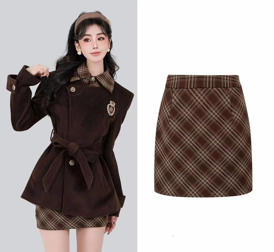 两件套成人短裙简约通勤格子半身裙A字气质毛呢女装裙子时尚套装