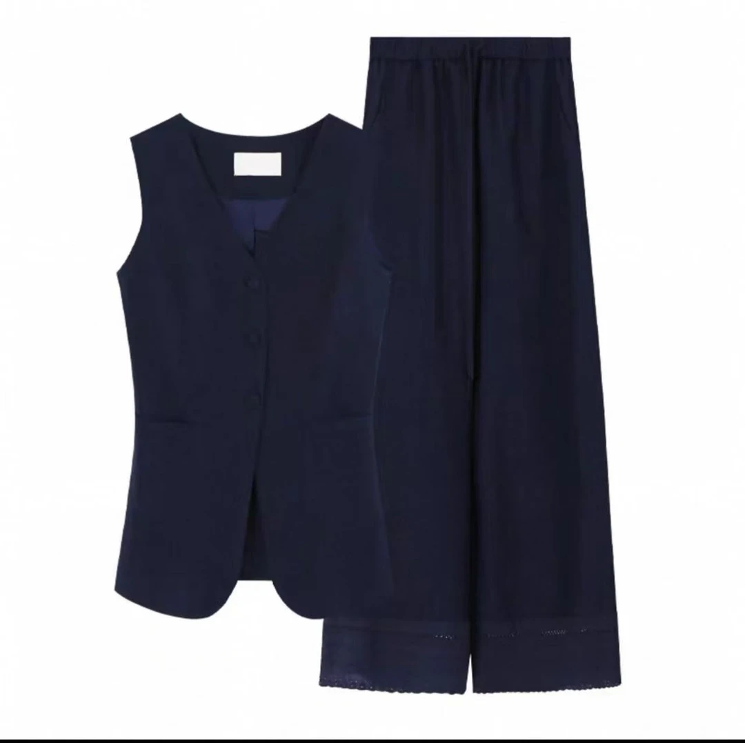 【YI家服饰】秋季新款高级感v领马甲+垂感百搭花边阔腿裤套装1035