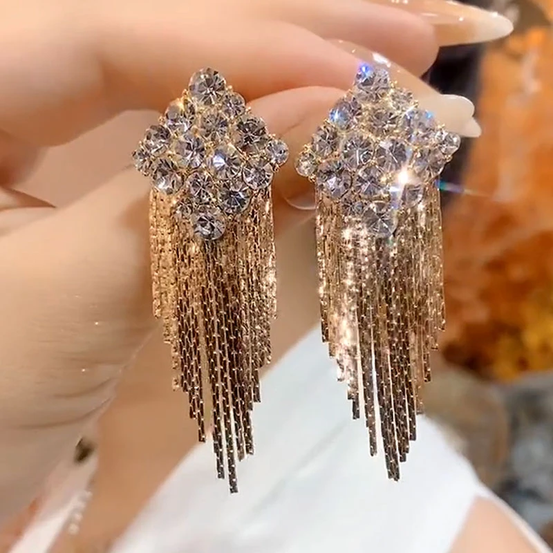 唯美港风耳饰~几何菱形流苏耳环小众设计轻奢长款耳钉新款爆饰品