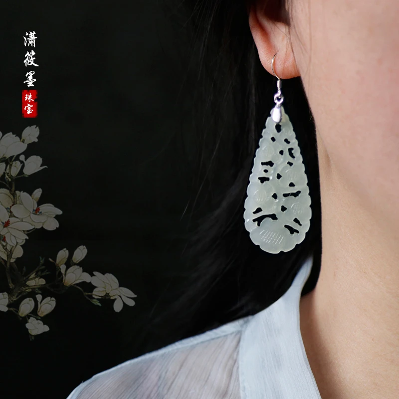 和田梅花水滴耳坠古风雕刻耳饰耳环