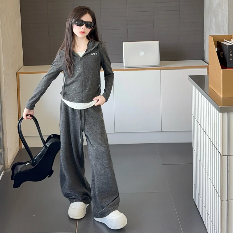 女童套装春秋2025新款儿童连帽卫衣两件套洋气时髦休闲中大童女孩