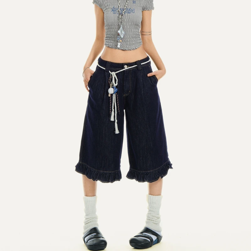 MJB 2025春季新款荷叶边牛仔七分裤低腰宽松小众设计感花边微喇裤