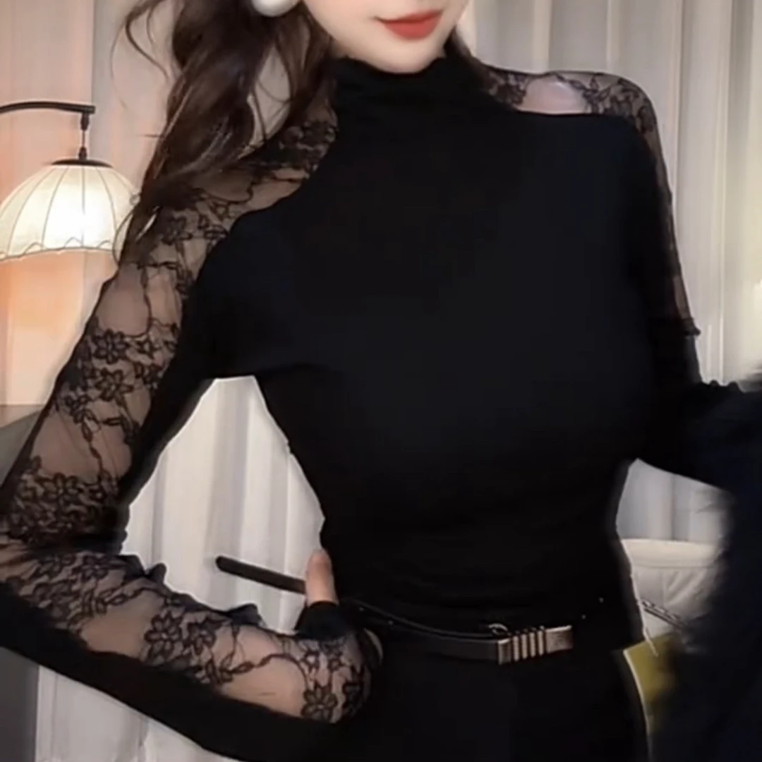 轻奢高级半蕾丝长袖小高领打底衫