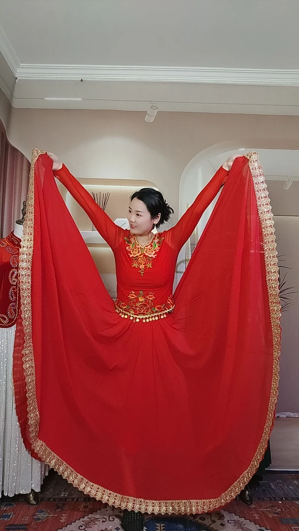 720度半身大摆裙服装舞舞蹈服新疆舞中国风洋气中国红