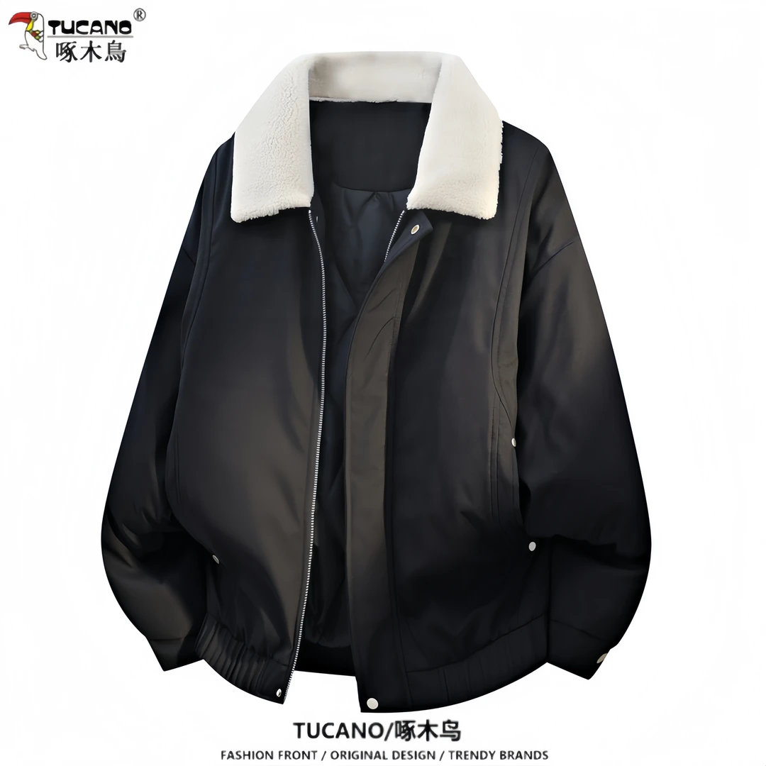 TUCANO/啄木鳥男卡其色翻领工装夹克男女冬季高级感宽松情侣棉服