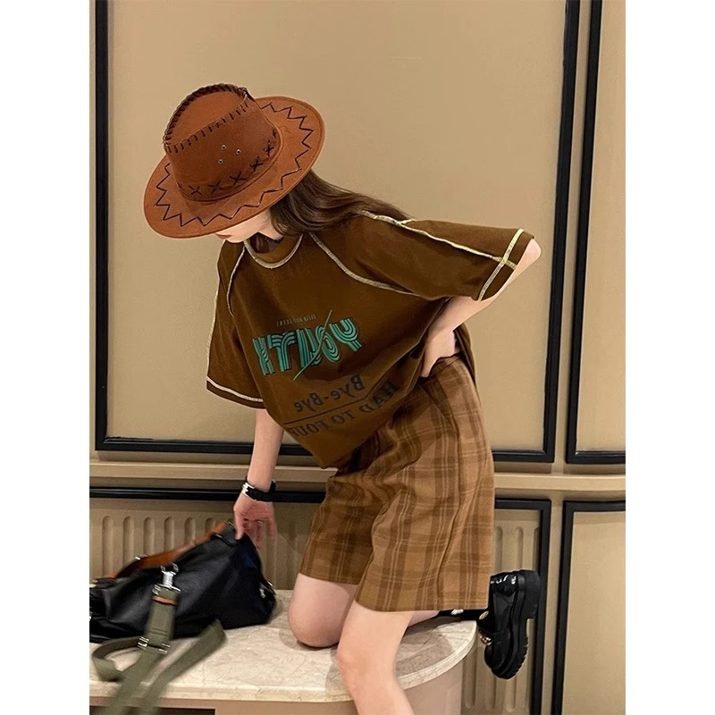 咖色插肩短袖t恤女2025夏季新款美式复古时尚洋气潮流中长款上衣