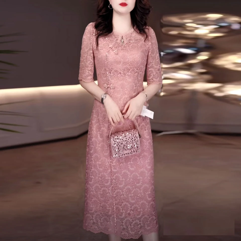 精纺软蕾丝新中式改良旗袍裙2025早秋新款婚宴妈妈减龄洋气礼服裙